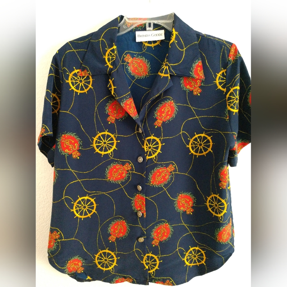 Brenda Goode Women's Shirt Top Nautical Theme Blue Gold Size Medium Chest 38"